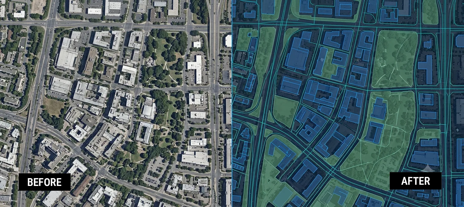 Side-by-side comparison of raw satellite image and labeled satellite imagery with polygon overlays